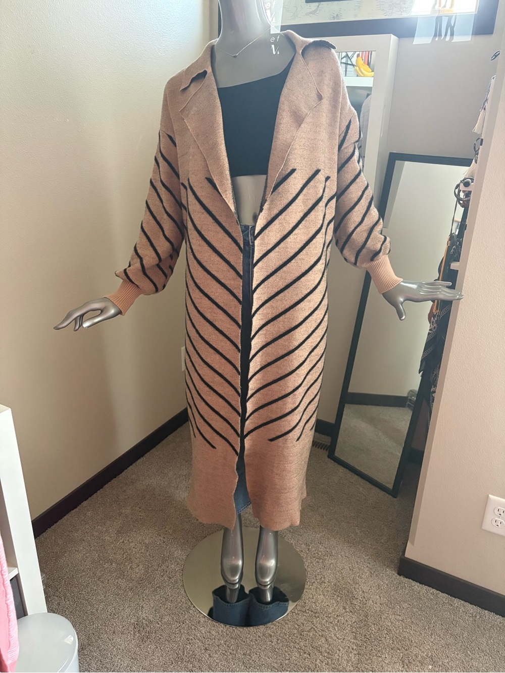 River Island Long Open-Front Striped Cardigan - Camel & Black